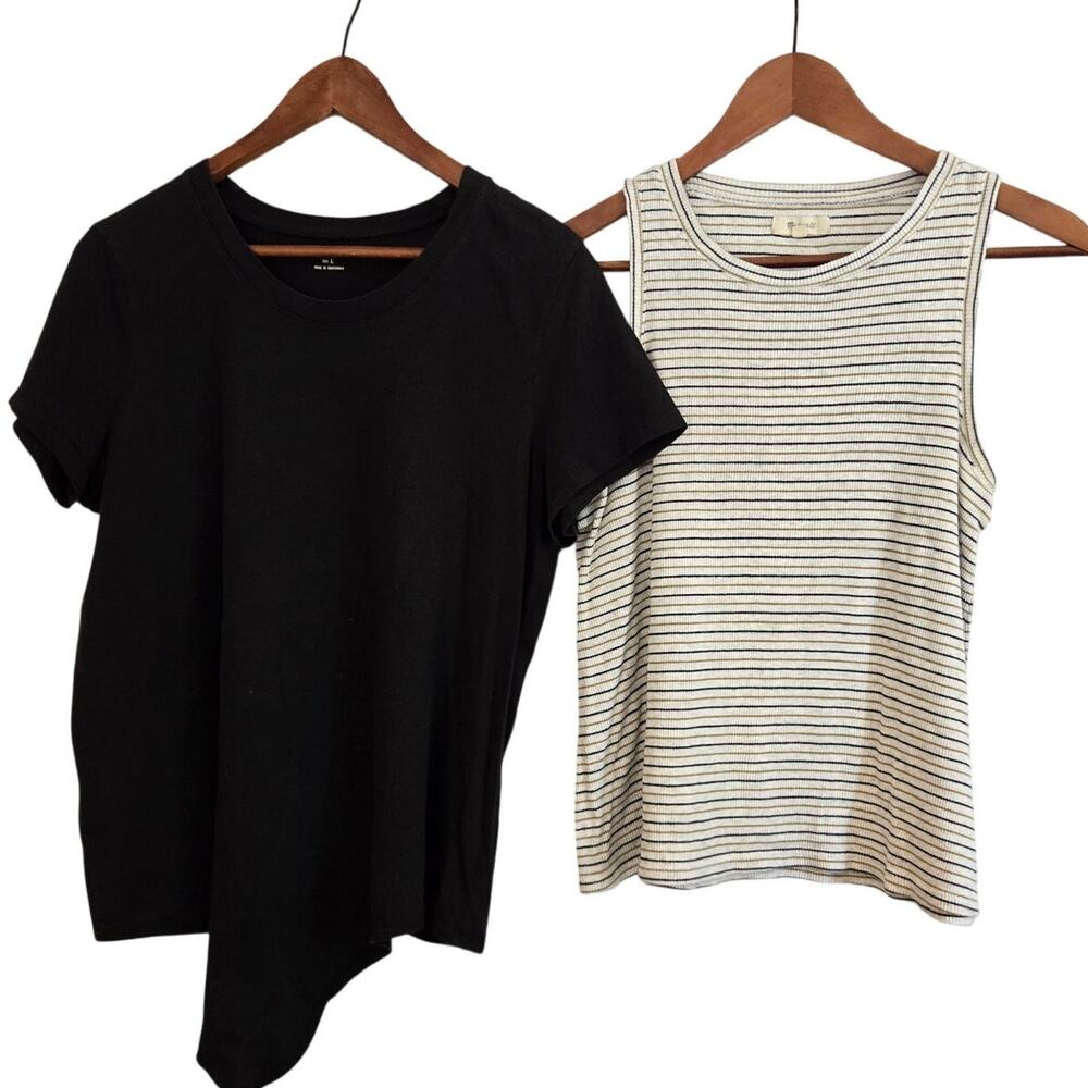 Madewell Minimalist Capsule Top Bundle Black T‑Shirt /Cream Pinstripe Tank Large
